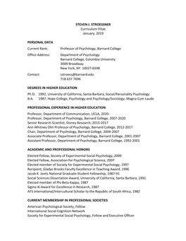 STEVEN J. STROESSNER Curriculum Vitae January, 2019 PERSONAL