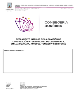 Reglamento Interior De La Comisión De Conurbación Intermunicipal De Cuernavaca, Emiliano Zapata, Jiutepec, Temixco Y Xochitepec