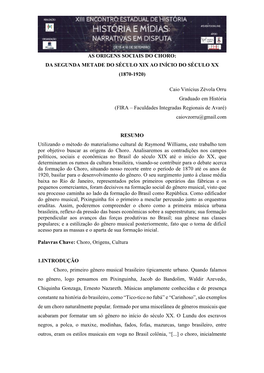 As Origens Sociais Do Choro: Da Segunda Metade Do Século Xix Ao Início Do Século Xx (1870-1920)