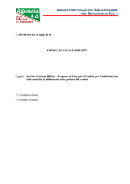 Servizio Gestione Rifiuti – Proposta Al Consiglio D’Ambito Per L’Individuazione Delle Modalità Di Affidamento Della Gestione Del Servizio