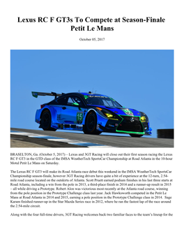 Lexus RC F Gt3s to Compete at Season-Finale Petit Le Mans