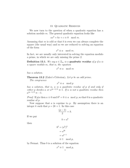 13. Quadratic Residues We Now Turn to the Question of When a Quadratic Equation Has a Solution Modulo M