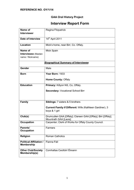 GAA Oral History Project Interview Report Form