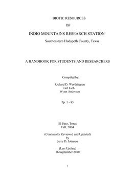 Biotic Resources of Indio Mountains Research Station