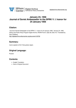 January 24, 1956 Journal of Soviet Ambassador to the DPRK V. I. Ivanov for 24 January 1956