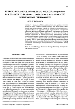 FEEDING BEHAVIOUR OF'breeding WIGEON Anas Penelope in RELATION to SEASONAL EMERGENCE and SWARMING BEHAVIOUR of CHIRONOMIDS