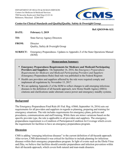 Emergency Preparedness- Updates to Appendix Z of the State Operations Manual (SOM)