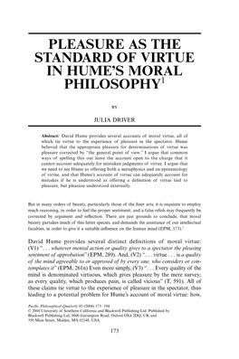 Pleasure As the Standard of Virtue in Hume's Moral Philosophy