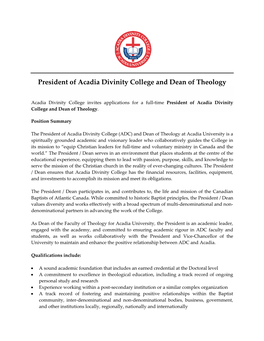 President of Acadia Divinity College and Dean of Theology