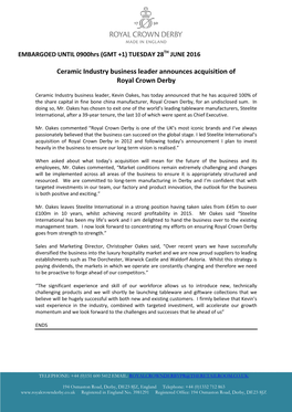 Ceramic Industry Business Leader Announces Acquisition of Royal Crown Derby