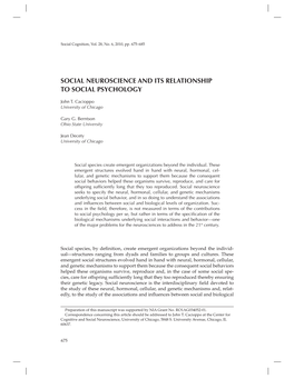 Social Neuroscience and Its Relationship to Social Psychology
