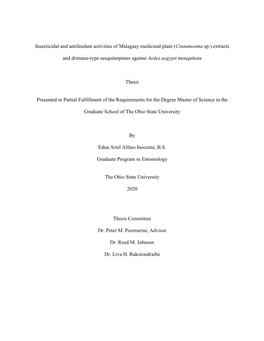 Insecticidal and Antifeedant Activities of Malagasy Medicinal Plant (Cinnamosma Sp.) Extracts and Drimane-Type Sesquiterpenes Against Aedes Aegypti Mosquitoes