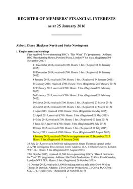 REGISTER of MEMBERS' FINANCIAL INTERESTS As at 25