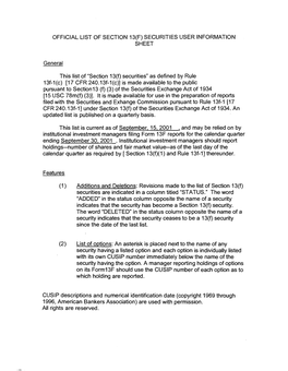 List of Section 13F Securities, Third Quarter 2001