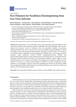 New Polymers for Needleless Electrospinning from Low-Toxic Solvents