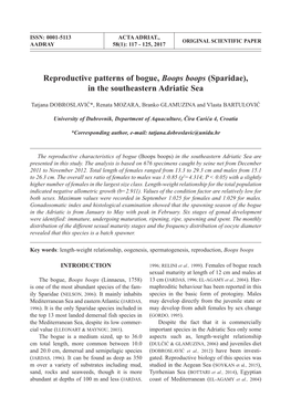 Reproductive Patterns of Bogue, Boops Boops (Sparidae), in the Southeastern Adriatic Sea