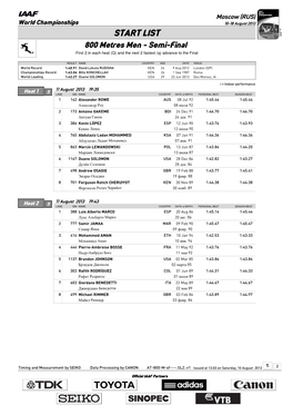 START LIST 800 Metres Men - Semi-Final First 2 in Each Heat (Q) and the Next 2 Fastest (Q) Advance to the Final