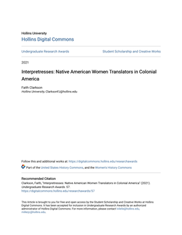 Native American Women Translators in Colonial America