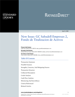 New Issue: GC Sabadell Empresas 2, Fondo De Titulizacion De Activos €1 Billion Floating-Rate Notes