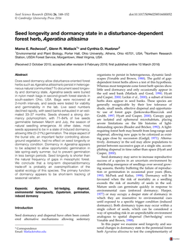 Seed Longevity and Dormancy State in a Disturbance-Dependent Forest Herb, Ageratina Altissima