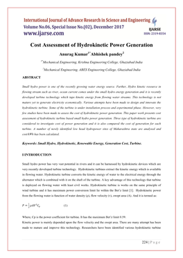 Cost Assessment of Hydrokinetic Power Generation