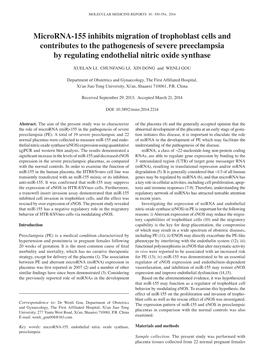 Microrna-155 Inhibits Migration of Trophoblast Cells and Contributes to the Pathogenesis of Severe Preeclampsia by Regulating Endothelial Nitric Oxide Synthase