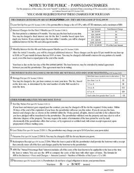 NOTICE to the PUBLIC - PAWN LOAN CHARGES for the Purposes of This Notice, the Term 