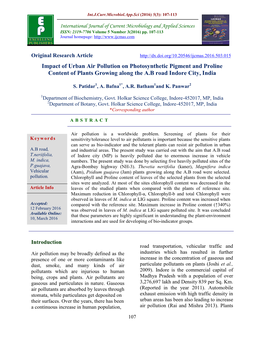 Impact of Urban Air Pollution on Photosynthetic Pigment and Proline Content of Plants Growing Along the A.B Road Indore City, India