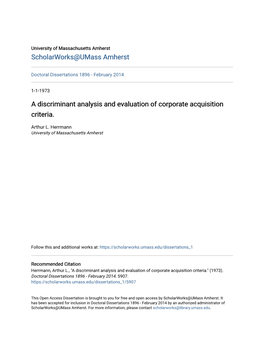 A Discriminant Analysis and Evaluation of Corporate Acquisition Criteria