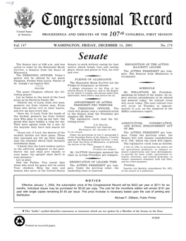 Congressional Record United States of America PROCEEDINGS and DEBATES of the 107Th CONGRESS, FIRST SESSION