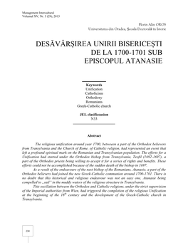 Desăvârșirea Unirii Bisericești De La 1700-1701 Sub Episcopul Atanasie