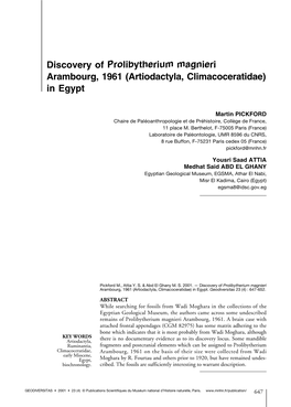 Discovery of Prolibytherium Magnieri Arambourg, 1961 (Artiodactyla, Climacoceratidae) in Egypt