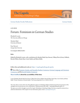 Forum: Feminism in German Studies Elizabeth Loentz the University of Illinois at Chicago