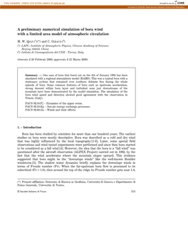 A Preliminary Numerical Simulation of Bora Wind with a Limited Area Model of Atmospheric Circulation