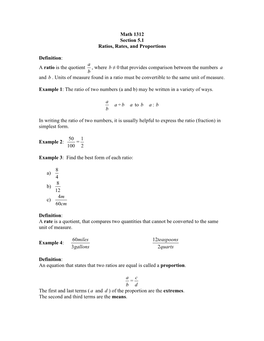 Math 1312 Section 5.1 Ratios, Rates, and Proportions Definition