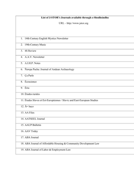 List of J-STOR's Journals Available Through E-Shodhsindhu URL