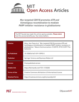 Myc Targeted CDK18 Promotes ATR and Homologous Recombination to Mediate PARP Inhibitor Resistance in Glioblastoma