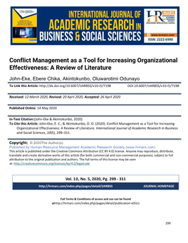 Conflict Management As a Tool for Increasing Organizational Effectiveness: a Review of Literature