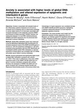 Anxiety Is Associated with Higher Levels of Global DNA Methylation and Altered Expression of Epigenetic and Interleukin-6 Genes Therese M