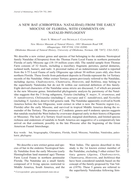 (Chiroptera: Natalidae) from the Early Miocene of Florida, with Comments on Natalid Phylogeny