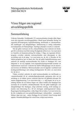 Bet. 2003/04:NU9 Vissa Frågor Om Regional Utvecklingspolitik