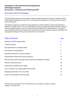 Committee on Non-Governmental Organizations 2016 Regular Session 25 January – 3 February and 16 February 2016