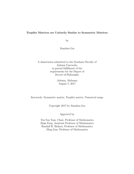 Toeplitz Matrices Are Unitarily Similar to Symmetric Matrices by Jianzhen