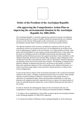 «On Approving the Comprehensive Action Plan on Improving the Environmental Situation in the Azerbaijan Republic for 2006-2010»