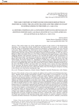 La Historia Temprana De La Expansión Portuguesa Reflejada En Destinos Individuales: Las Islas Atlánticas Y La Costa Africana En Las Súplicas Al Papa (Ca