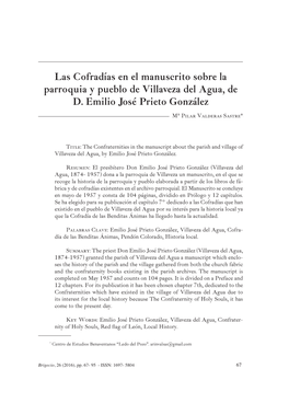 Las Cofradías En El Manuscrito Sobre La Parroquia Y Pueblo De Villaveza Del Agua, De D. Emilio José Prieto González Mª Pilar Valderas Sastre*