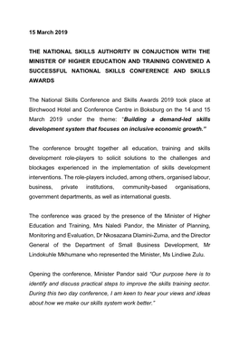 The National Skills Authority in Conjuction with the Minister of Higher Education and Training Convened a Successful National Skills Conference and Skills