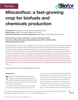 Miscanthus: a Fastgrowing Crop for Biofuels and Chemicals Production