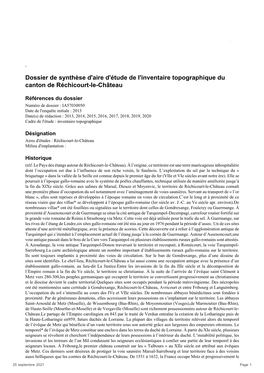 Dossier De Synthèse D'aire D'étude De L'inventaire Topographique Du Canton De Réchicourt-Le-Château