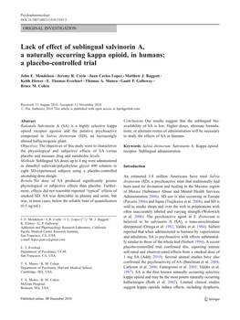 Lack of Effect of Sublingual Salvinorin A, a Naturally Occurring Kappa Opioid, in Humans: a Placebo-Controlled Trial